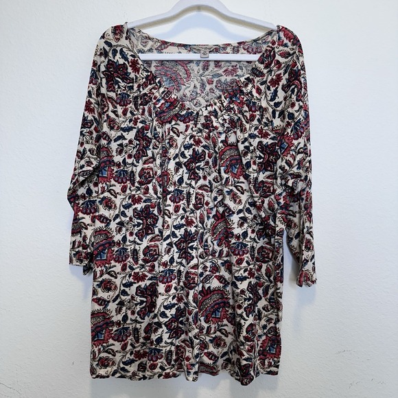 Lucky Brand Tops - Lucky Brand Boho  3/4 Sleeve V Neck Top Women's Size 2X Lagenlook Art Wear